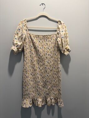 Boutique Floral Smocked Puff Sleeve Mini Dress - Cream